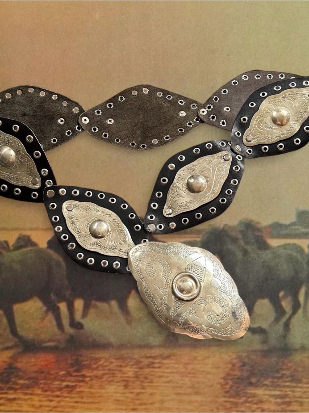 Vintage Western Silver Concho Black genuine Leather Statement Belt boho cowgirl